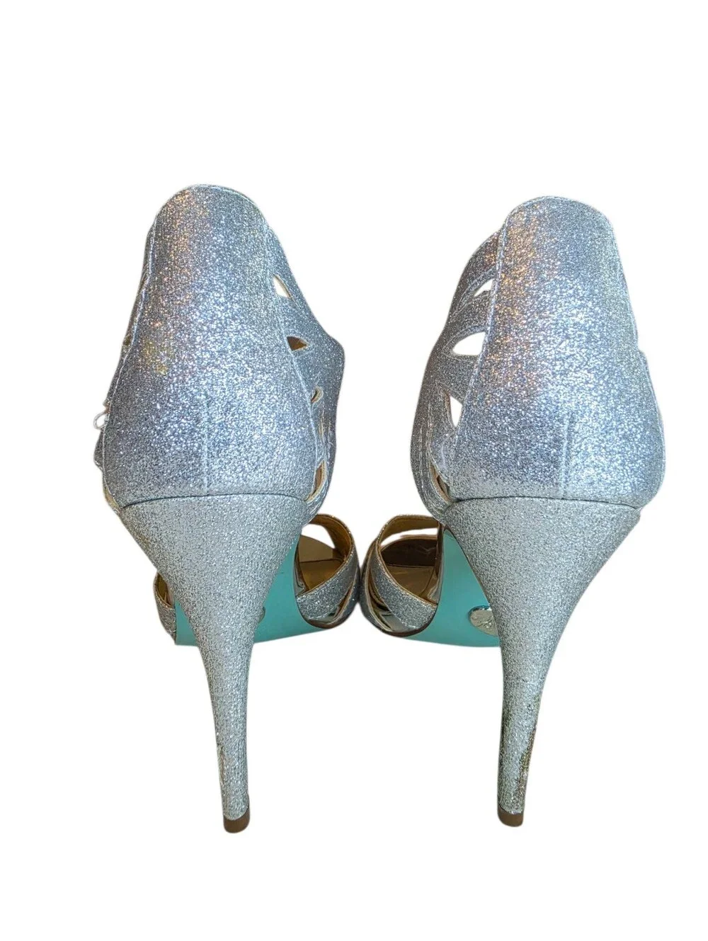 Betsey Johnson Blue SB-TEE Silver Glitter T-Strap Heeled Sandals, Size 8